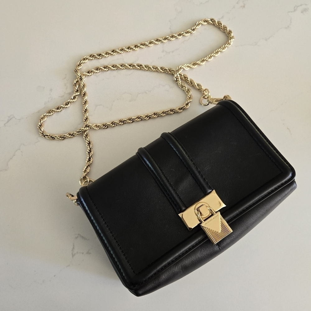 Michael Kors Padlock Chain Crossbody Black Leather Gold Purse Bag